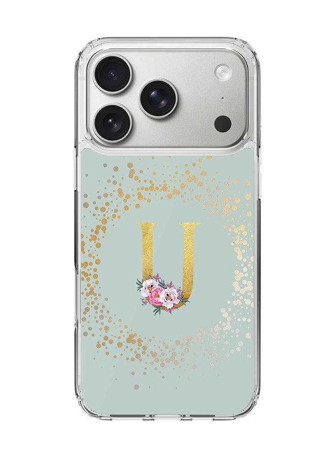 Stylizedd Classic Clear MagSafe Case for iPhone 17 Pro , Hybrid Soft Case Flexible Edges Anti Drop TPU PC Gel Thin Transparent Cover [ Designed for iPhone 17 Pro ] - Custom Monogram Initial Letter Floral Pattern Alphabet - U  (Light Grey )