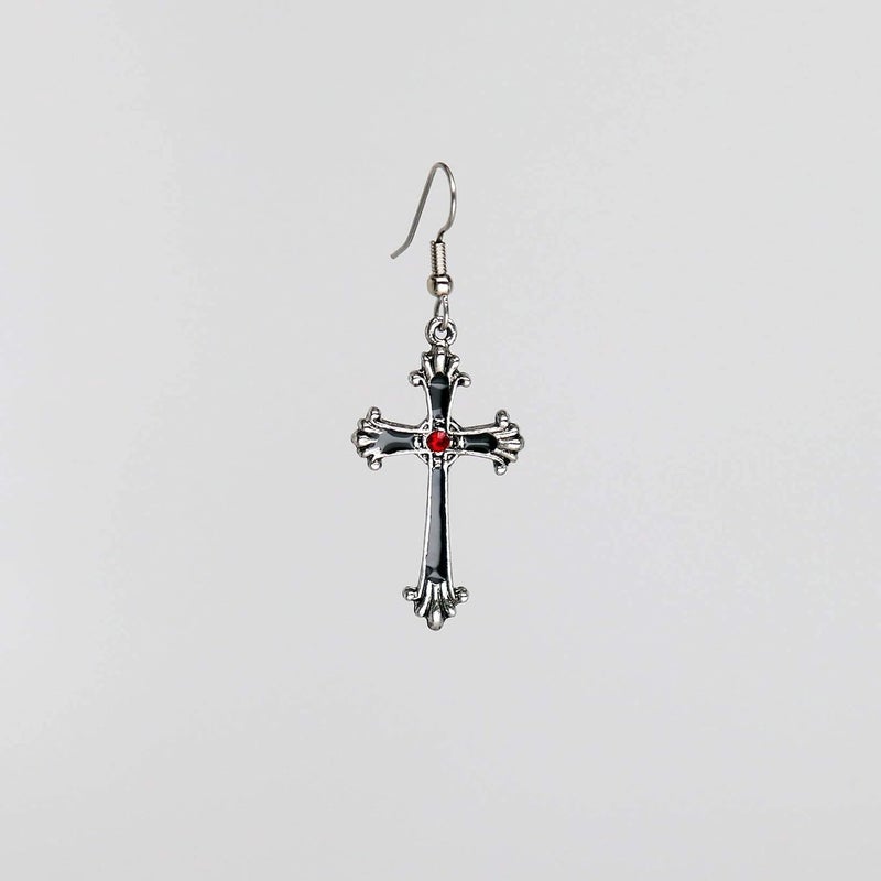 Real Metal Gothic Victorian Cross Dangle Earrings with Red Austrian Crystals - Image 5