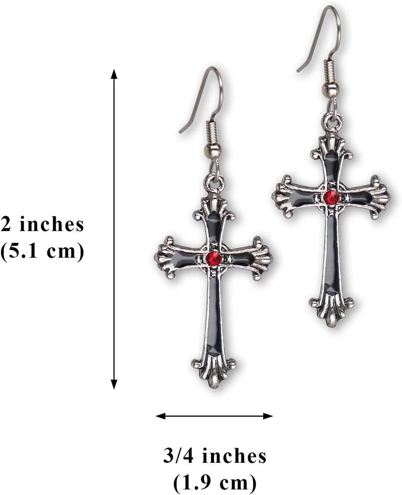 Real Metal Gothic Victorian Cross Dangle Earrings with Red Austrian Crystals - Image 3