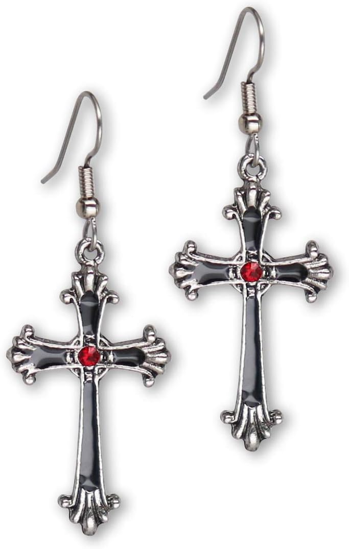 Real Metal Gothic Victorian Cross Dangle Earrings with Red Austrian Crystals - Image 1