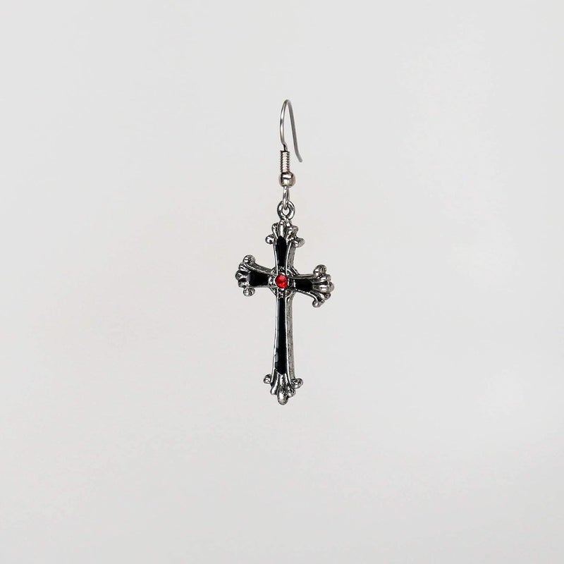 Real Metal Gothic Victorian Cross Dangle Earrings with Red Austrian Crystals - Image 4