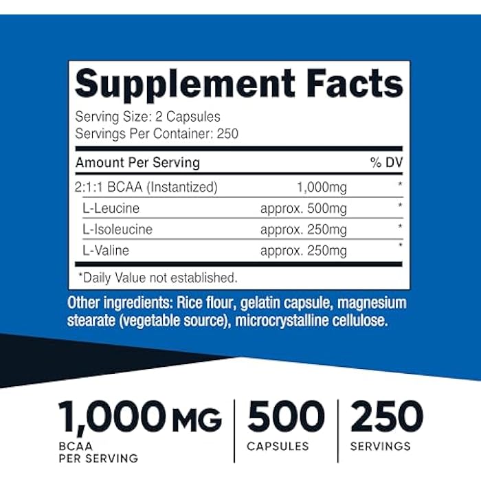 Nutricost BCAA 1000mg, 500 Capsules (250 Serv), 2:1:1 Branched Chain Amino Acids (500mg of L-Leucine, 250mg of L-Isoleucine and L-Valine) - Image 2
