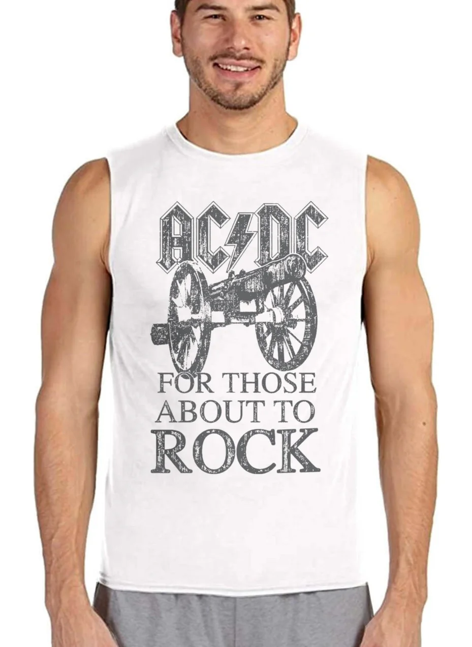 Rock&Roll Top Rock Acdc White Cut Sleeve Men's T-Shirt