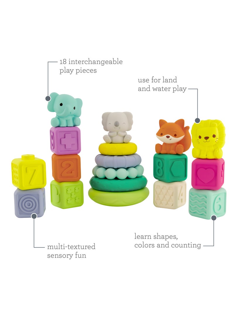 infantino مجموعة ألعاب ستاكابلز - كتل متداخلة وأقراص وأصدقاء للأطفال والرضع - مجموعة متعددة الألوان مكونة من 18 قطعة قابلة للتبديل - Image 2