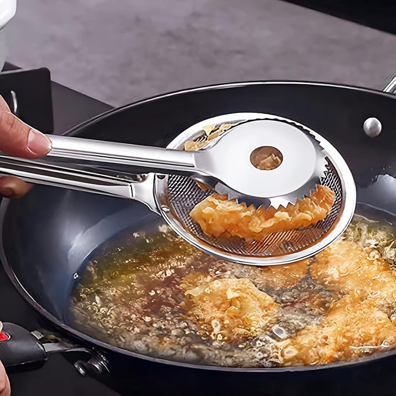 Fry Drainer Tongs Stainless Steel Fry Spoon Oil Strainer Skimmer Kitchen Tongs Deep Fry Utensil With Filter Mesh Long Handle Heat Resistant - Image 1