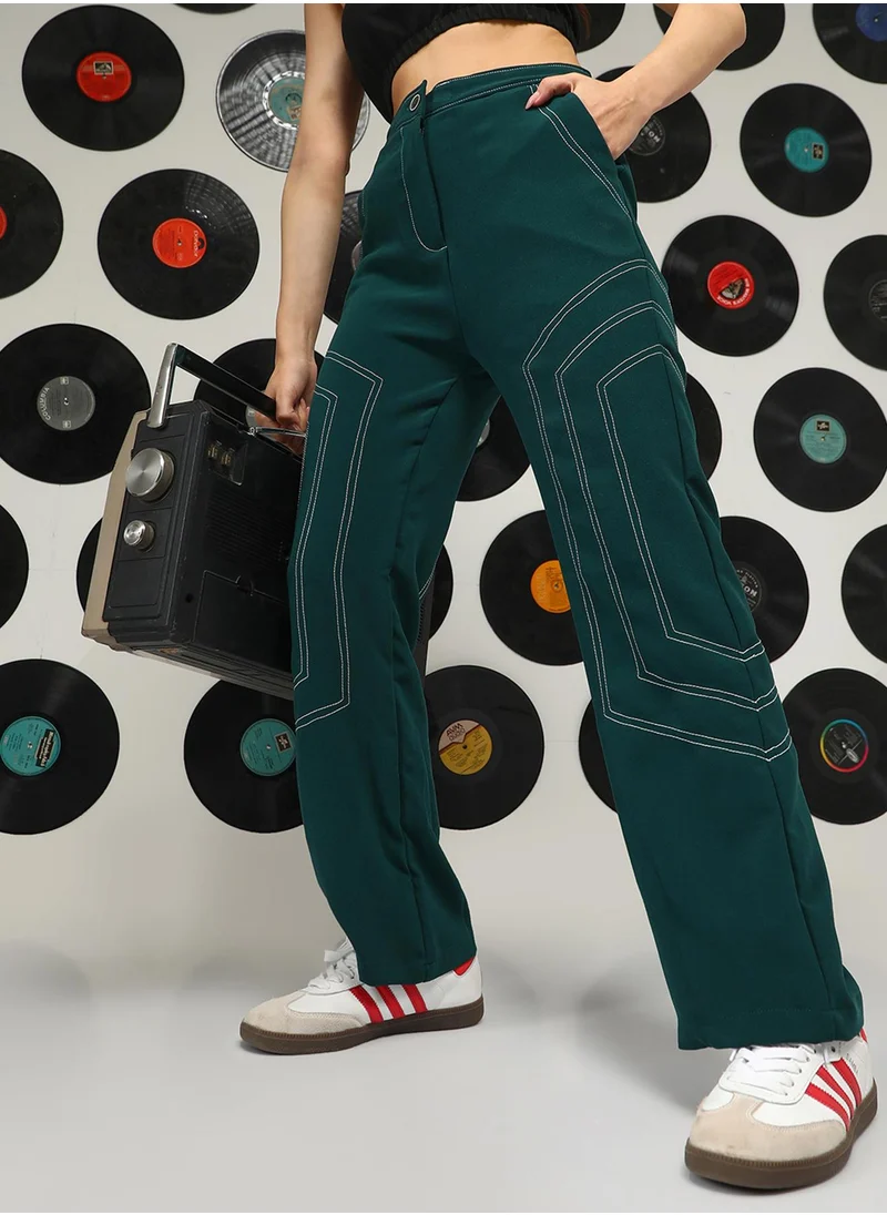 كامبوس سوترا Women's Emerald Green Geometric Straight-Fit Trousers