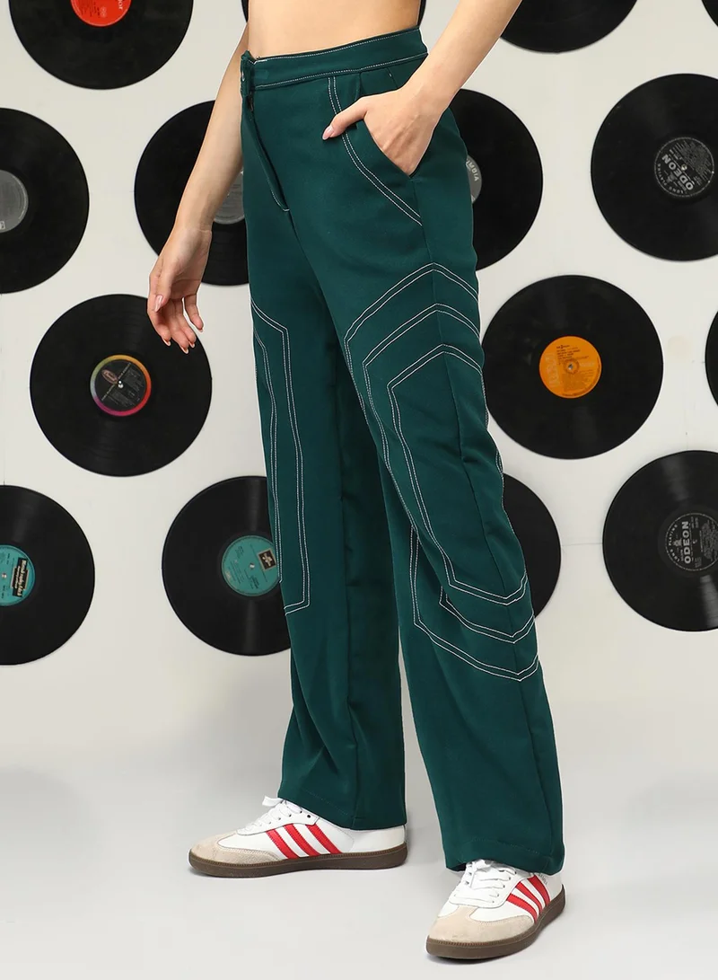كامبوس سوترا Women's Emerald Green Geometric Straight-Fit Trousers
