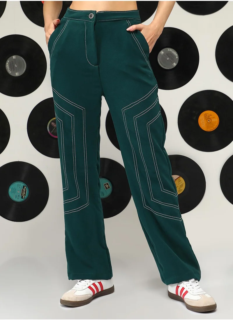 كامبوس سوترا Women's Emerald Green Geometric Straight-Fit Trousers