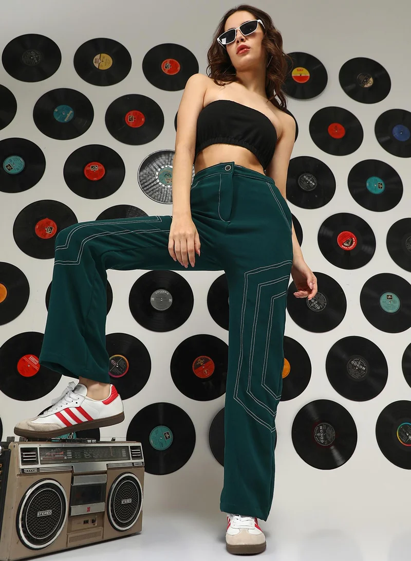 كامبوس سوترا Women's Emerald Green Geometric Straight-Fit Trousers