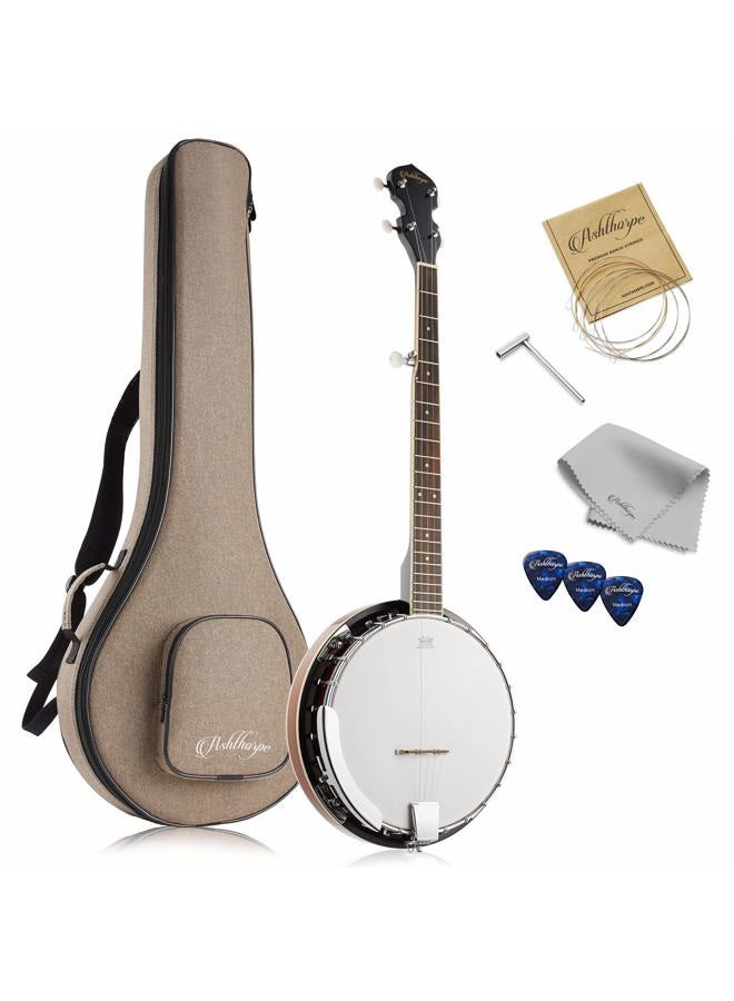 Ashthorpe 5-String Banjo - Full Size with 24 Brackets, Closed Back, Mahogany Resonator, Geared 5th Tuner, Padded Gig Bag - Image 1