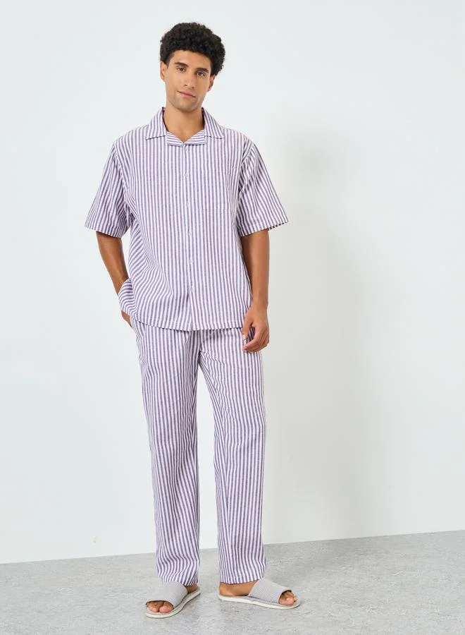 ستايلي طقم بيجاما من بنطال وقميص قطني مخطط للرجال بقصة مريحة