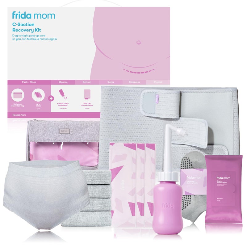 Frida Mom C-Section Recovery Must Have Kit for Labor, Delivery, & Postpartum, Socks, Peri Bottle, Disposable Underwear, Abdominal Support Binder, Shower Wipes, Silicone Scar Patches, & Toiletry Bag - Image 1