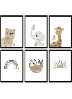 Jungle Animal Nursery Wall Art Set, 6 PCS Baby Room Decor, Cute Animal Pictures for Children's Bedroom, A4 (8x12 inch) Jungle Theme Baby Wall Decor.