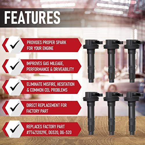AA Ignition Ignition Coil Pack Set of 6 - Compatible with Ford, Mercury, Mazda & Lincoln Vehicles - 3.5L, 3.7L V6 Edge, F150, Explorer, Mustang, Taurus X, MKZ - Replaces 7T4E-12A375-EE, DG520, 7T4Z12029E, DG-520 - Image 2