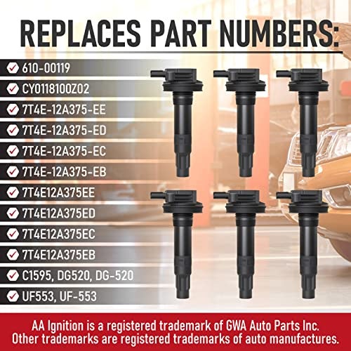 AA Ignition Ignition Coil Pack Set of 6 - Compatible with Ford, Mercury, Mazda & Lincoln Vehicles - 3.5L, 3.7L V6 Edge, F150, Explorer, Mustang, Taurus X, MKZ - Replaces 7T4E-12A375-EE, DG520, 7T4Z12029E, DG-520 - Image 3