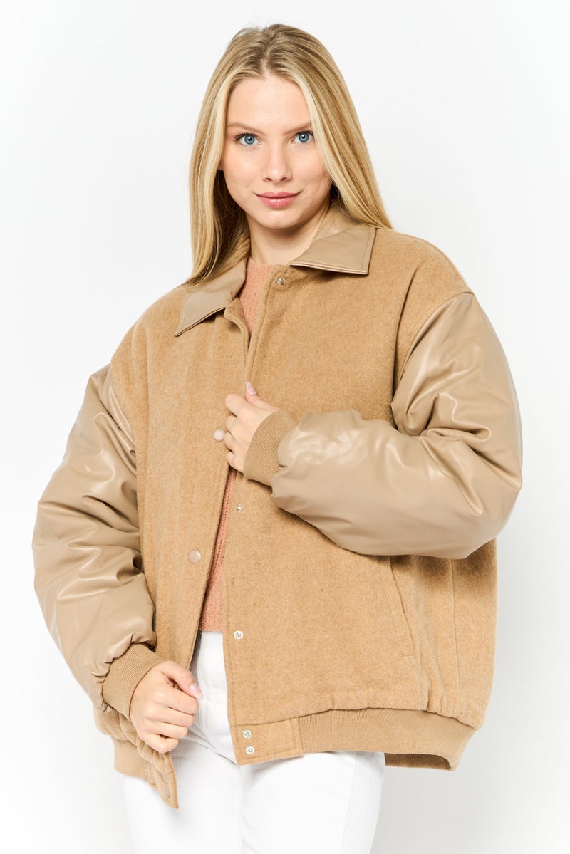 Asos Design Women Textured Sherpa Jacket, Tan  - Image 1