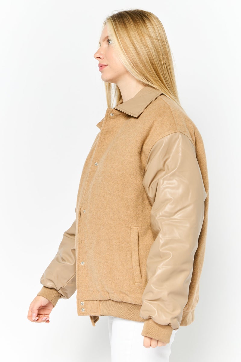 Asos Design Women Textured Sherpa Jacket, Tan  - Image 3