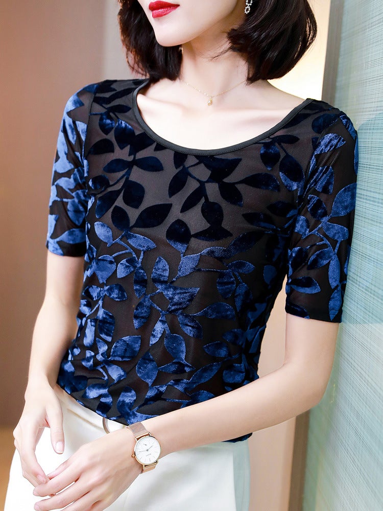 Real S Of New Round Neck Slim Fit Half-Sleeved Velvet Burnt Leaf Mesh T-Shirt For Women - Image 1