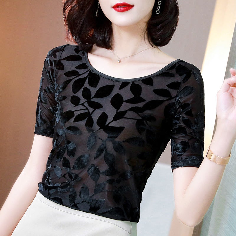 Real S Of New Round Neck Slim Fit Half-Sleeved Velvet Burnt Leaf Mesh T-Shirt For Women - Image 3