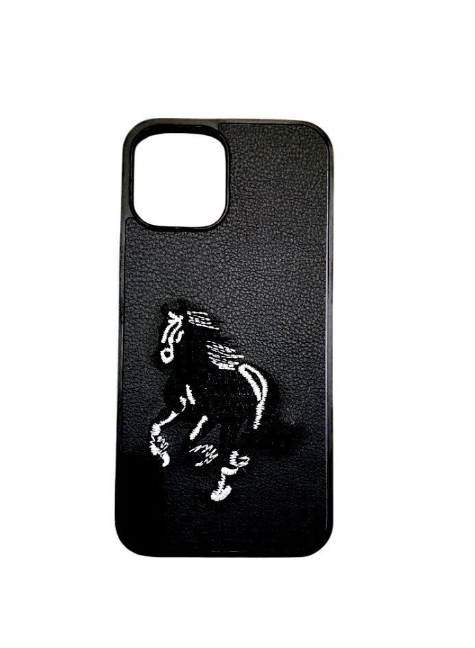 كيس جراب هاتف مضاد للصدمات بتصميم تطريز حصان لهاتف آيفون 12\12 برو باللون اسود