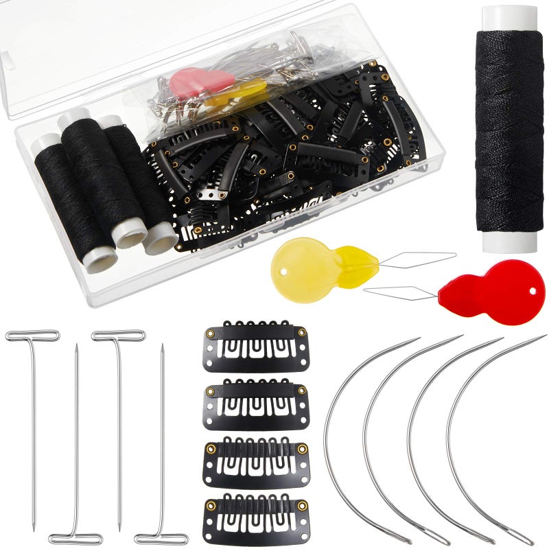 85 Pieces Hair Extensions Clip Wig Making Set Includes 50 UShape Snap Clips 10 Curved Needles 20 TPins 3 Rolls Weaving Thread 2 Needle Threader for Wig Making Hair Extensions