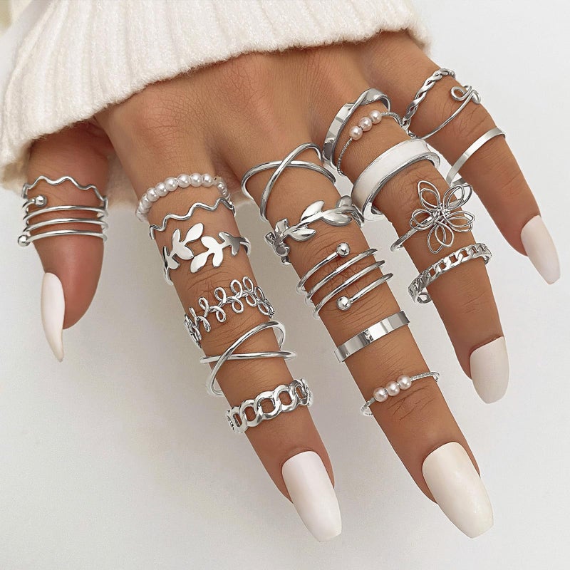 IFKM 21 Pcs Silver Knuckle Rings Set For Women Vintage Stackable Joint Finger Midi Rings Dainty Cubic Zirconia Crystal Simple Twist Hollow Cute Ring Pack Jewelry Gift - Image 2