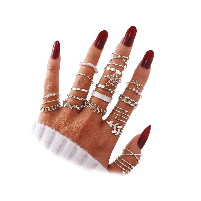 IFKM 21 Pcs Silver Knuckle Rings Set For Women Vintage Stackable Joint Finger Midi Rings Dainty Cubic Zirconia Crystal Simple Twist Hollow Cute Ring Pack Jewelry Gift - Image 1