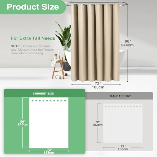 Dynamene Extra Long Shower Curtain,96 Inch Long Waffle Weave Heavy Duty Thick Fabric Bathroom Shower Curtain, Neutral Weighted Hotel Bath Curtain Set with 12 Plastic Hooks,72x96,Beige/Khaki - Image 3