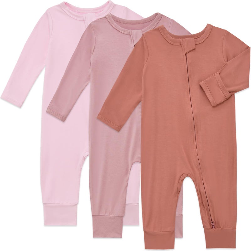 Aablexema Baby Footless Pajamas Bamboo Rayon 3pcs Unisex Infant Zipper Romper with Mitten Cuffs(Brick Red&Pink&Pinkpurple,18-24m) - Image 1