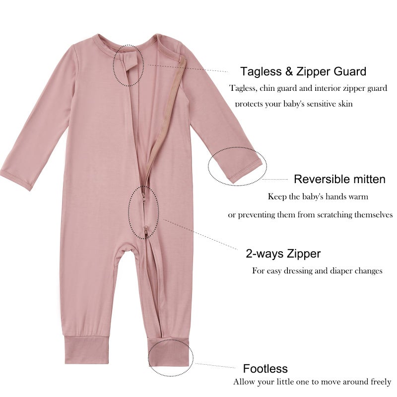 Aablexema Baby Footless Pajamas Bamboo Rayon 3pcs Unisex Infant Zipper Romper with Mitten Cuffs(Brick Red&Pink&Pinkpurple,18-24m) - Image 4