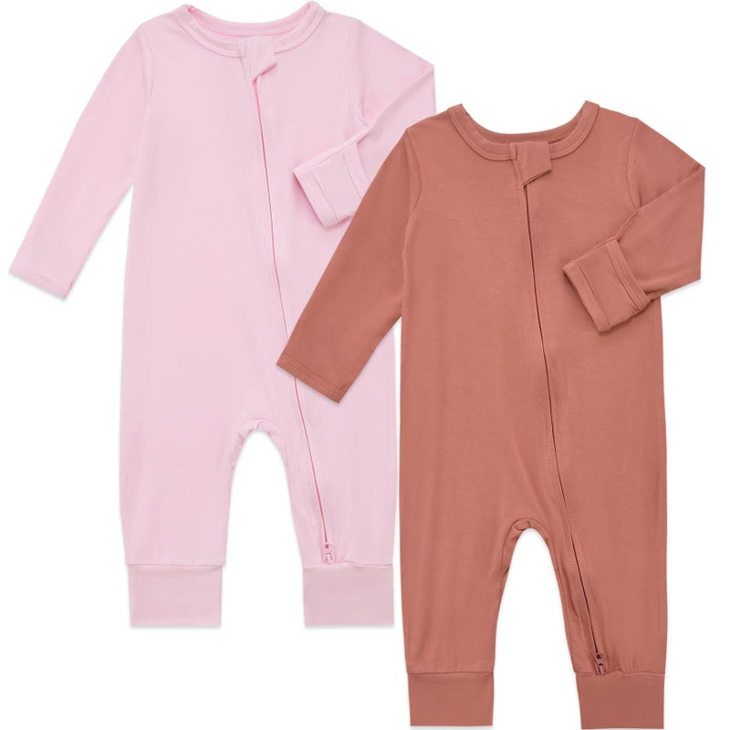 Aablexema Baby Footless Pajamas Bamboo Rayon 3pcs Unisex Infant Zipper Romper with Mitten Cuffs(Brick Red&Pink&Pinkpurple,18-24m) - Image 2