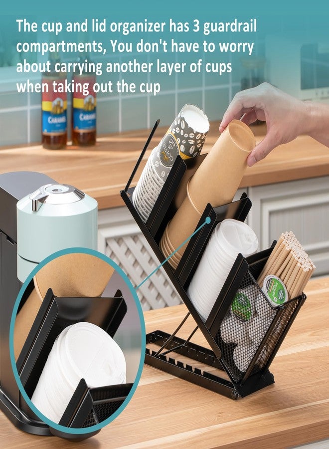 Rice rat Coffee Cup Holder Organizer 4 Compartment Disposable Cup Dispenser, Cup and Lid Holder with Mesh Basket for Countertop Coffee Station Bar, Black - Image 3