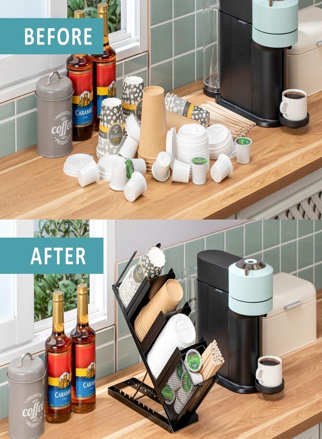 Rice rat Coffee Cup Holder Organizer 4 Compartment Disposable Cup Dispenser, Cup and Lid Holder with Mesh Basket for Countertop Coffee Station Bar, Black - Image 5