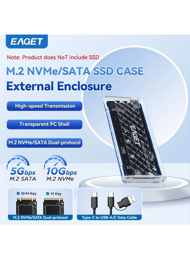 Eaget M2 NVMe SATA SSD Enclosure USB 3 2 Gen 1 External Transparent Tool Free RGB Light - Image 3