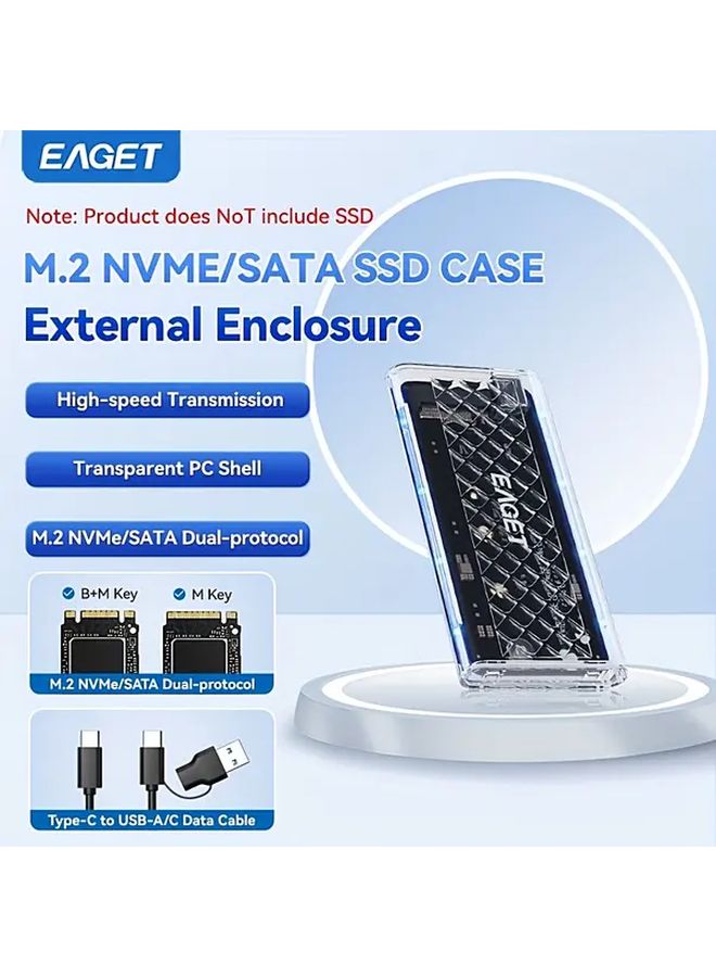 Eaget M2 NVMe SATA SSD Enclosure USB 3 2 Gen 1 External Transparent Tool Free RGB Light - Image 1