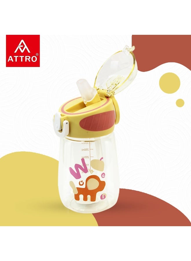 ATTRO زجاجة مياه Attro Sippy للأطفال سعة 400 مل مع غطاء قلاب وقشة، زجاجة للأطفال مل، منشن للاستهلاك اليومي من الماء، خالية من مادة BPA، مانعة للتسرب - صفراء - Image 3