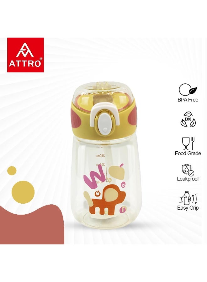 ATTRO زجاجة مياه Attro Sippy للأطفال سعة 400 مل مع غطاء قلاب وقشة، زجاجة للأطفال مل، منشن للاستهلاك اليومي من الماء، خالية من مادة BPA، مانعة للتسرب - صفراء - Image 2
