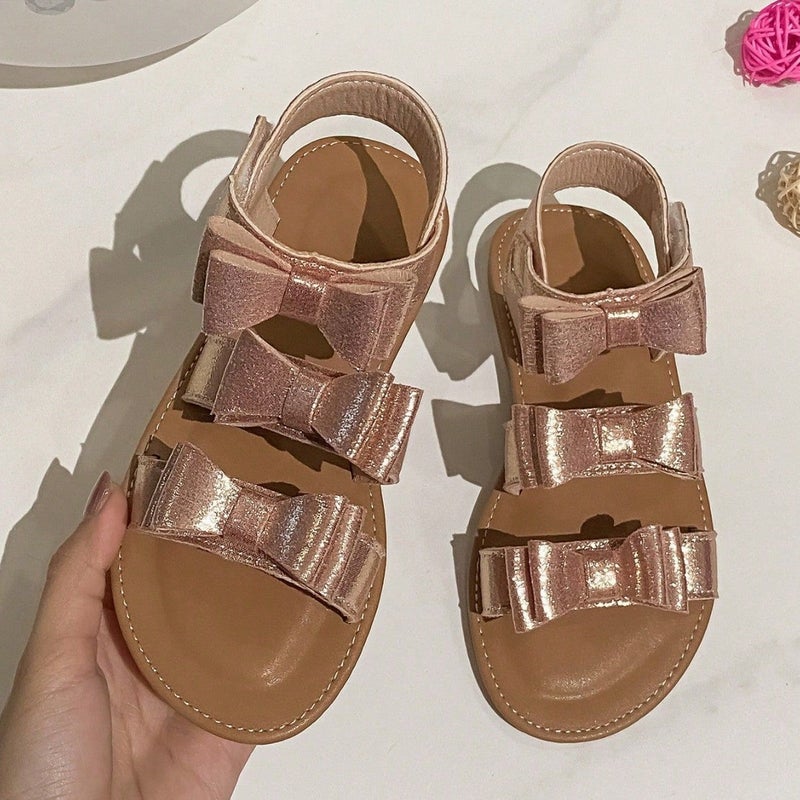 French Girls' Sandals Western Style Girl'S Bow Princess Shoes Open Toe Soft Bottom Flat Beach Shoes - Image 1