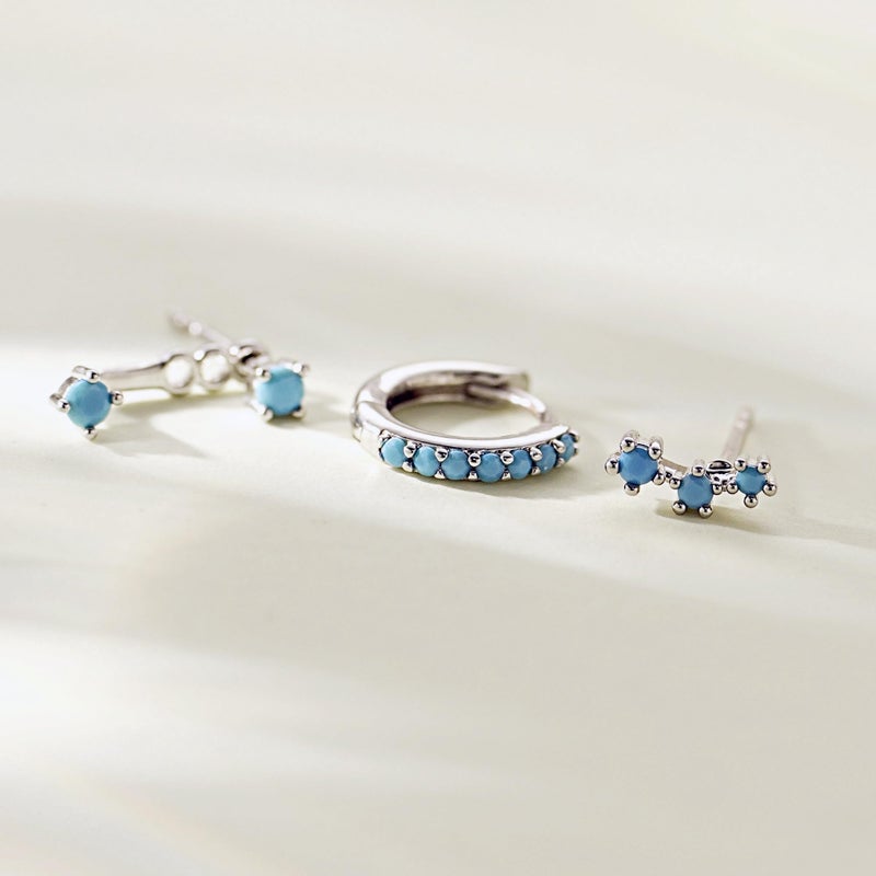 NOKMIT 3 Pairs Mini Hoop Earrings Set for Women Turquoise Huggie Hoop Cute Small Sterling Silver Cartilage Earring Ear Cuff for Multiple Piercing (Turquoise, A) - Image 4