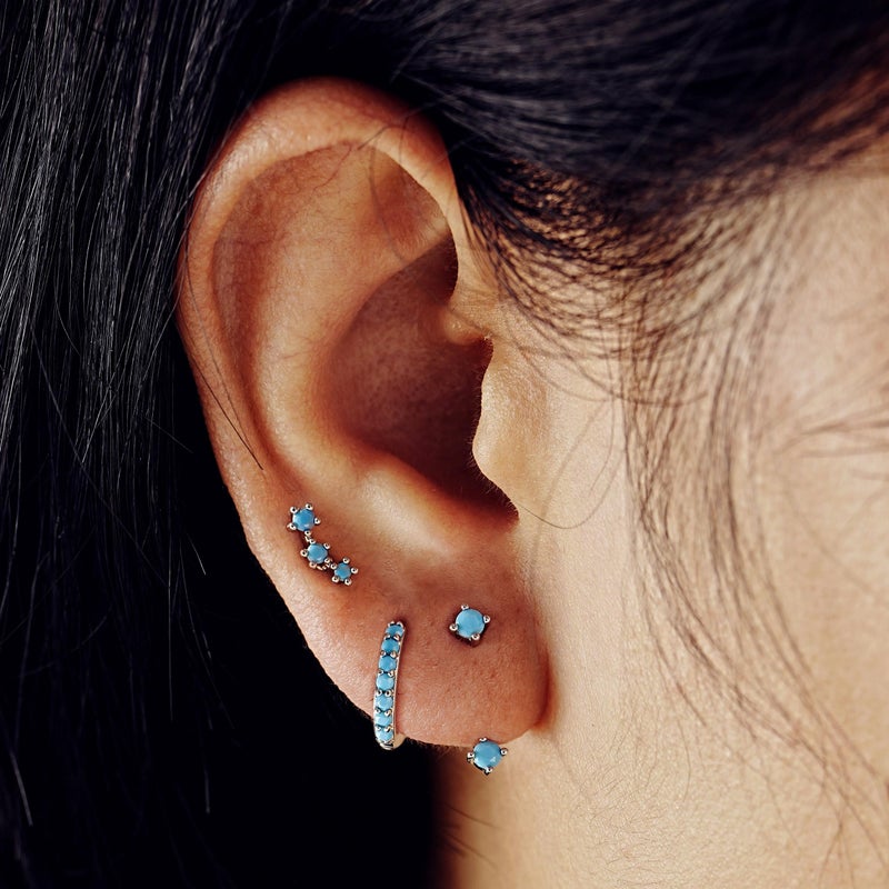 NOKMIT 3 Pairs Mini Hoop Earrings Set for Women Turquoise Huggie Hoop Cute Small Sterling Silver Cartilage Earring Ear Cuff for Multiple Piercing (Turquoise, A) - Image 3