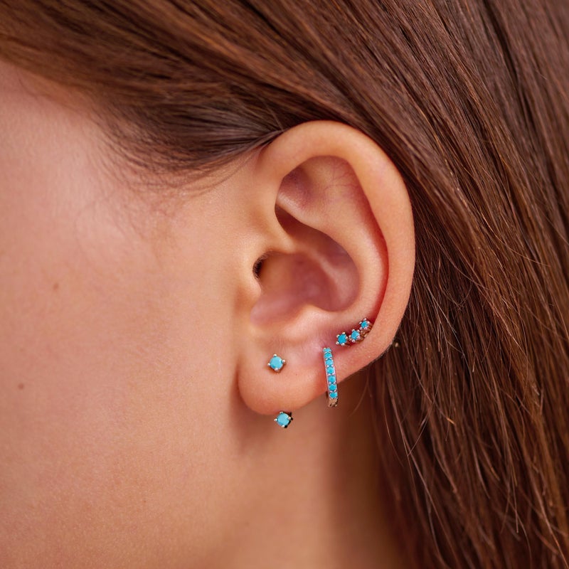 NOKMIT 3 Pairs Mini Hoop Earrings Set for Women Turquoise Huggie Hoop Cute Small Sterling Silver Cartilage Earring Ear Cuff for Multiple Piercing (Turquoise, A) - Image 2