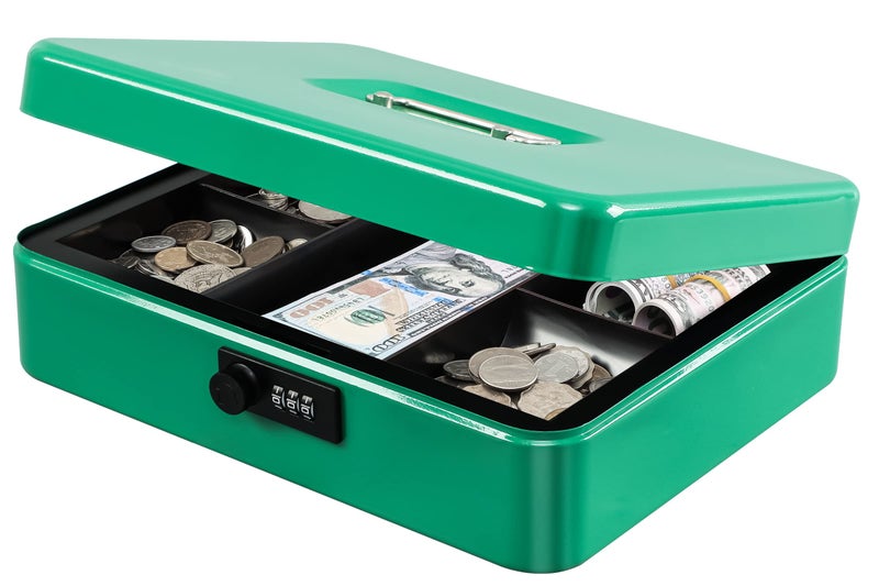 KYODOLED Metal Cash Box with Combination Lock Money Box for Cash Safe Metal Box with Money Tray for Security Lock Box 11.81"x 9.45"x 3.54" Green X Large - Image 1