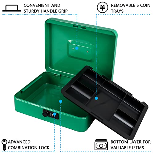 KYODOLED Metal Cash Box with Combination Lock Money Box for Cash Safe Metal Box with Money Tray for Security Lock Box 11.81"x 9.45"x 3.54" Green X Large - Image 2