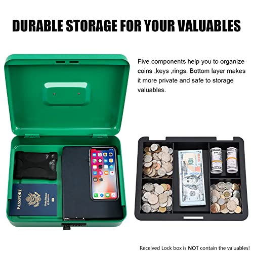 KYODOLED Metal Cash Box with Combination Lock Money Box for Cash Safe Metal Box with Money Tray for Security Lock Box 11.81"x 9.45"x 3.54" Green X Large - Image 4