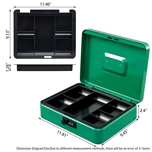 KYODOLED Metal Cash Box with Combination Lock Money Box for Cash Safe Metal Box with Money Tray for Security Lock Box 11.81"x 9.45"x 3.54" Green X Large - Image 5