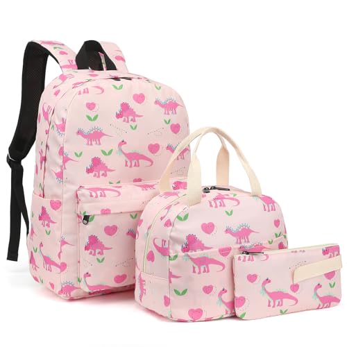 Yusudan Girls School Backpack Set Kids Teens School Bag Bookbag with Lunch Bag Pencil Bag Dinosaur Pink - Image 1