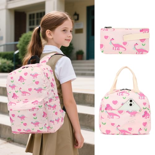 Yusudan Girls School Backpack Set Kids Teens School Bag Bookbag with Lunch Bag Pencil Bag Dinosaur Pink - Image 3