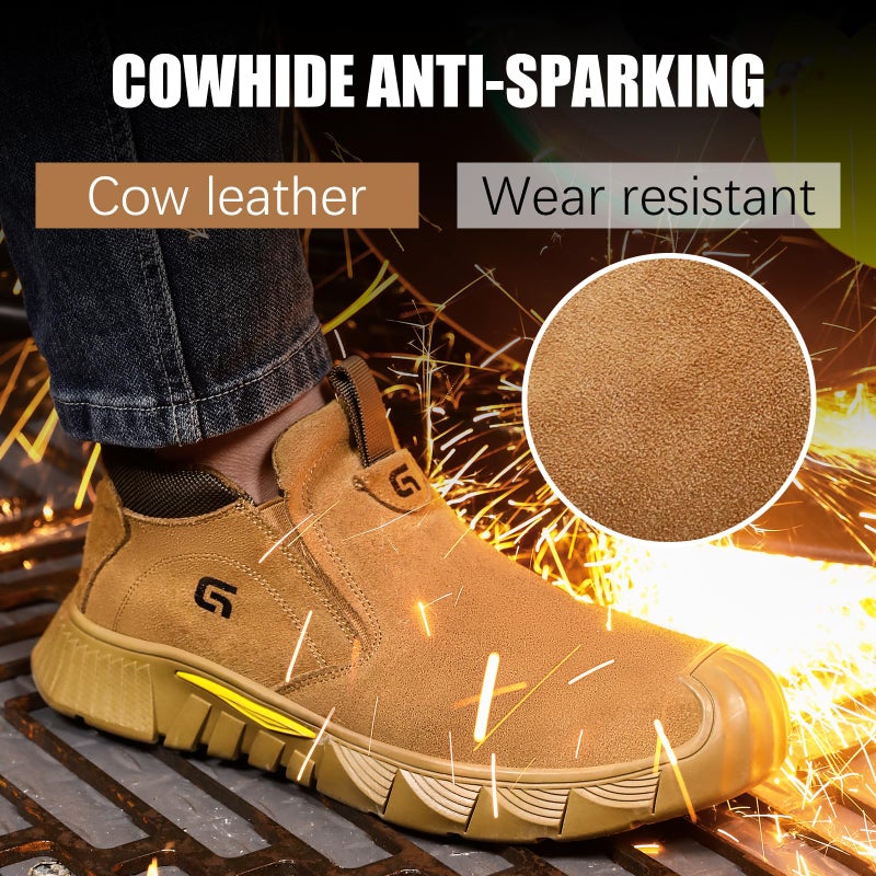 GLANOUDUN Welding Work Boots for Men - Brown Mid-Cut Slip on Steel Toe Shoes - Indestructible Steel Toe Boot for Welder Protective - ASTM Certified Safety Footwear for Construction & Industrial Use - Image 2