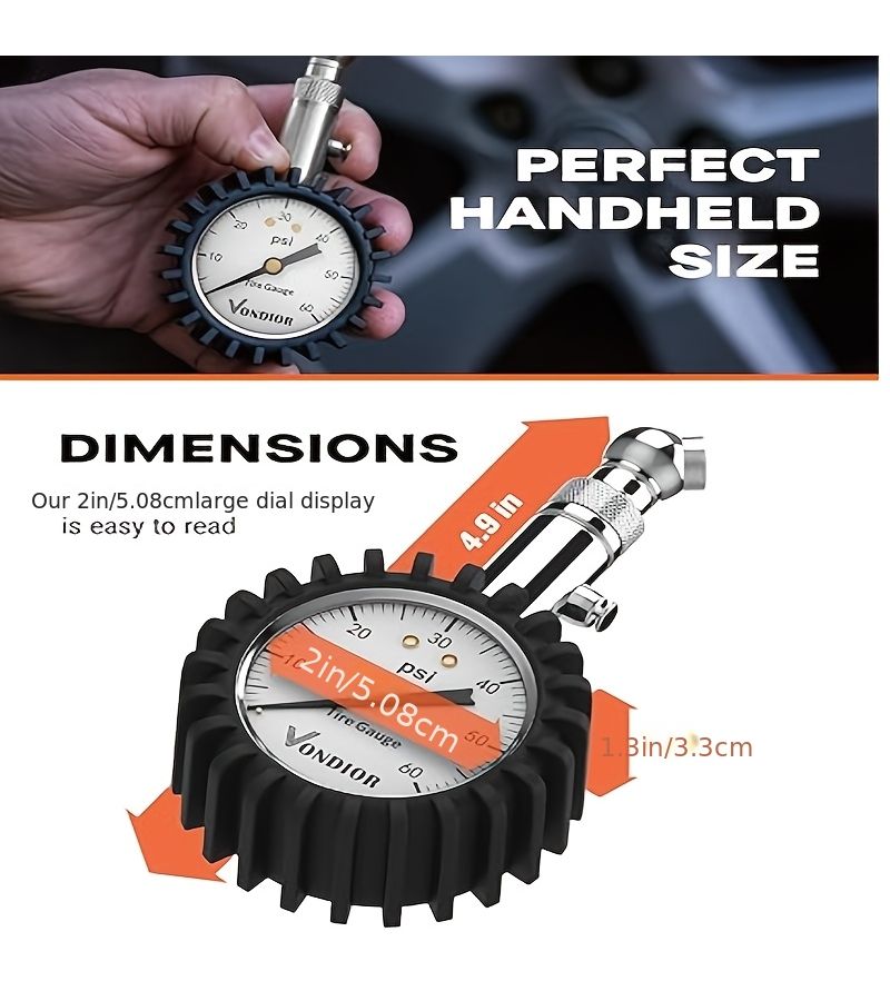 Heavy Duty Tire Pressure Gauge 0 60 PSI With ANSI Precision Certification 2 Inch Luminous Dial Easy To Read Low Profile Barometer Short Valve Silvery For Car And Truck Tires - Image 2