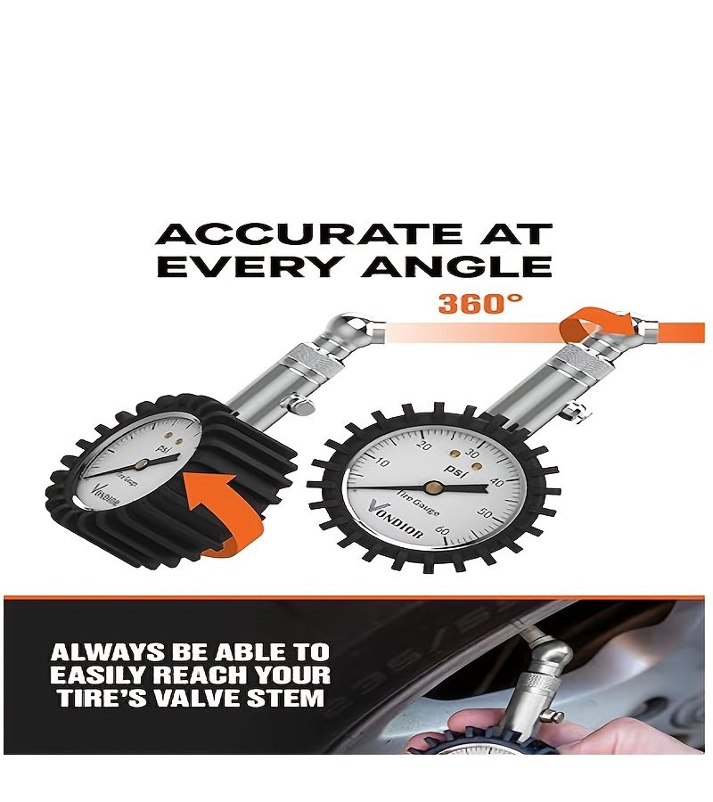 Heavy Duty Tire Pressure Gauge 0 60 PSI With ANSI Precision Certification 2 Inch Luminous Dial Easy To Read Low Profile Barometer Short Valve Silvery For Car And Truck Tires - Image 5